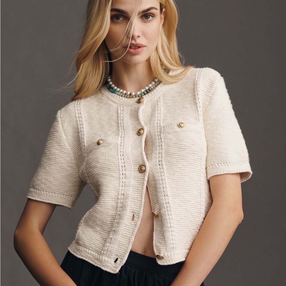 Anthropologie Cream Short-Sleeve Knit Cardigan